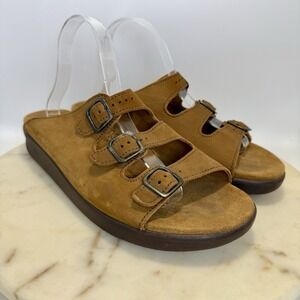 SAS Brown Leather Comfort Slide Sandals Triple Buckle Adjustable Slides Size 12W